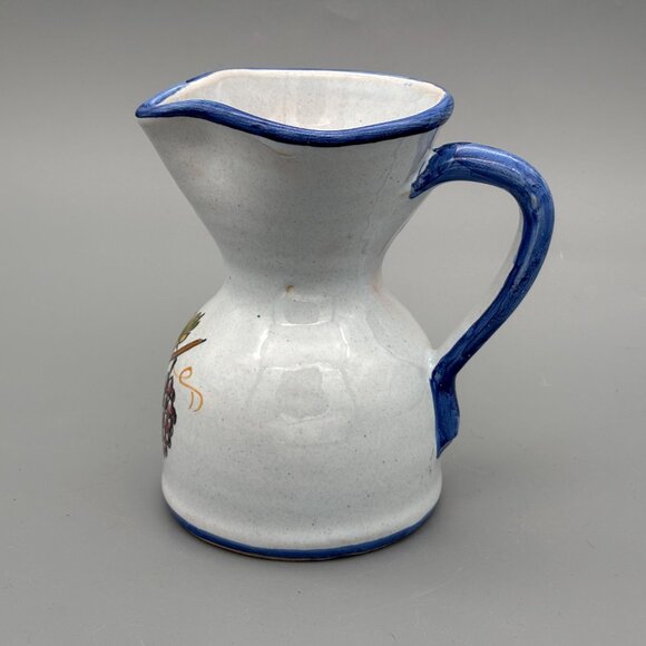 Vintage Talavera Pottery Pitcher with Hand-Painted Grapes and Blue Rim Accents - Picture 2 of 8